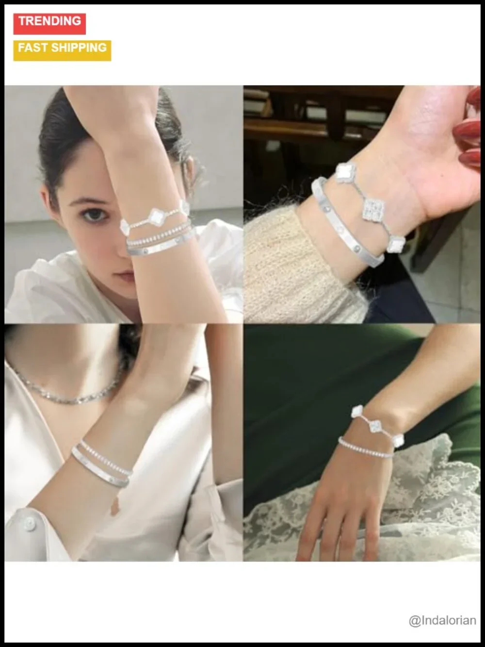 4 Leaf Clover Stacked Bracelet Set 18K White Gold Plated Cubic Zirconia Mother
